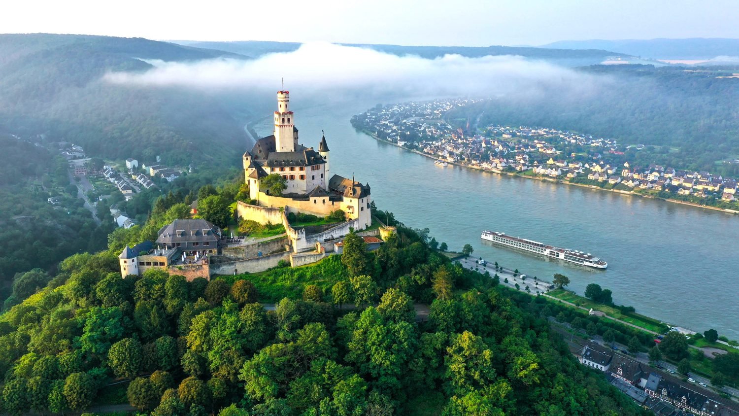 River cruise on the Rhine below Marksburg Castle