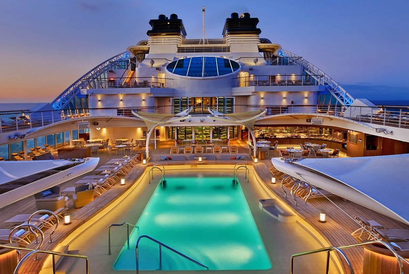 Seabourn Encore pool deck at dusk